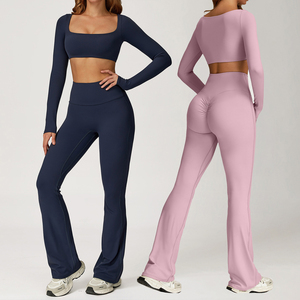 XW-TZ8232-1 новая одежда, оптовая продажа, толстовка с длинным рукавом, укороченный топ, одежда для фитнеса, спортивный костюм, расклешенные брюки для женщин - Product Image 1