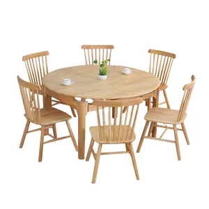 北欧实木餐厅家具套装4或6把椅子，带圆形折叠可折叠可伸展餐桌