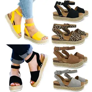 hemp rope slope fish mouth sandals buckle Espadrille Ankle Strap sandals female Outsole Wedges Sandals