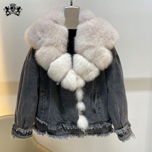 New Arrivals Fashion Jean Coat Fur Lining Winter Coat Wholesale Thick <strong>Women</strong> Fox Collar Parka <strong>Denim</strong> Fur <strong>Jacket</strong> - Product Image 4