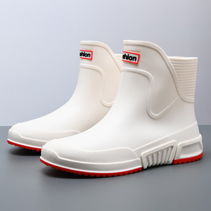 Bottes de pluie pour femmes, blanches et rouges, à talon bas, imperméables, antidérapantes, toutes saisons, couleur unie, style 9688 - Product Image 1