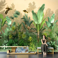 Papier peint mural tropical en soie de style sud-est asiatique, imperméable, antistatique, motif botanique, feuille de bananier, pour hôtel commercial
