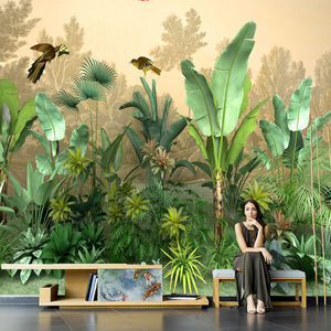 Papel Tapiz de Seda <span class=keywords><strong>Tropical</strong></span> Estilo del Sudeste Asiático, Adhesivo de Pared con Diseño Botánico, Hoja de Plátano, Revestimiento de Pared para Hotel, Vegetación, Bosque - Product Image 1