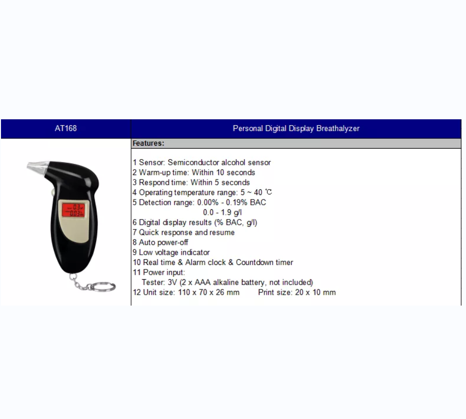 Digital Display disposable Breathalyzer alcohol tester