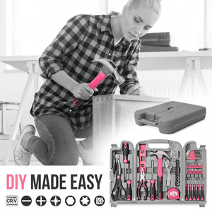 Juego de Herramientas para el Hogar de 54 Piezas Color Rosa, con Llaves y Alicates de Acero al Cromo Vanadio, Kit de Reparación para Proyectos de Bricolaje - Product Image 1