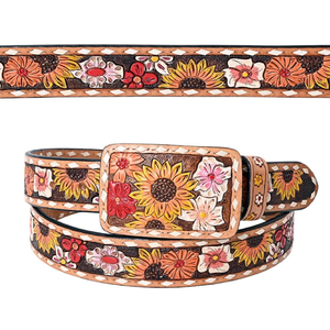 Cinturón de cuero de vaca genuino 100% con cabello en relieve a mano en el diseño Hebilla de aleación de estilo occidental directo del proveedor indio - Product Image 1