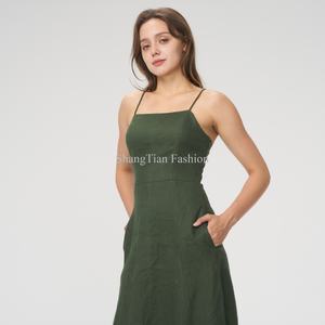 Vestidos de Lino Elegantes y a la Moda para Mujer, con Tirantes Finos, Color Verde con Bolsillo, Vestido de Verano - Product Image 5