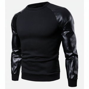 OEM personalizado para hombre de cuero de la manga sudadera transpirable pulóver en blanco liso O cuello sudaderas con manga de cuero - Product Image 1