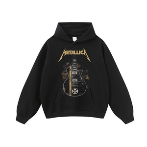 Cross-Border Rock Guitar <b>Printed</b> Winter Hoodie Vintage Washed Heavy Cotton 400g+ Loose Crew Neck Men's Long-Sleeve - Product Image 4