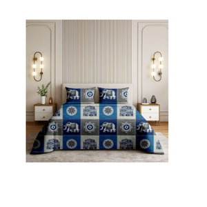 Parure de lit en coton imprimé avec 2 taies d'oreiller – Ensemble de literie pour lit double 90x100 pouces avec motif éléphant et imprimé traditionnel en blocs - Product Image 1