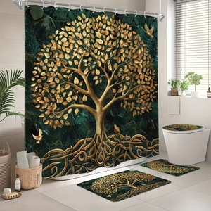 Cortina de Ducha de Poliéster con Diseño de Pájaros en Raíces de Árbol Esmeralda, Cortina de Baño con Impresión Digital, Impermeable, Impresión Personalizada, Venta al por Mayor, Moderna - Product Image 2