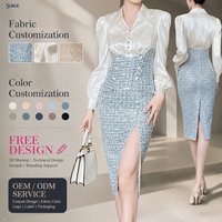 Robe Midi Moulante Élégante pour Femme en Polyester Spandex, Col V, Col Rabattu, Manches Bouffantes, Boutons Perles, Fente Avant, Tissu Tweed à Paillettes – Vente en Gros