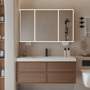 Meuble-lavabo de salle de bain <span class=keywords><strong>Anran</strong></span>, nouveau style moderne du milieu du siècle, en bois de noyer, avec un lavabo intégré en dalle de roche cintrée à chaud, à fixer au mur - Product Image 4