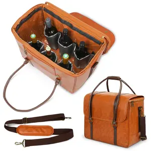 Custom Logo Printed Thermal Insulated Waterproof Portable Eco-Friendly 6-Bottle Capacity PU Leather Wine Dealers' Carrying Bag
