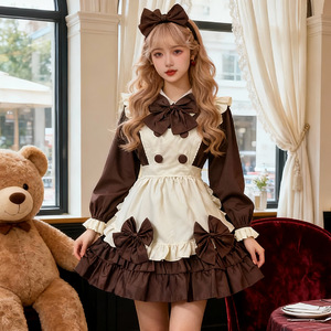 Robe Lolita Maid Cafe marron à manches longues, tablier, nœud et coiffe, costume de cosplay pour jeu de rôle anime - Product Image 1