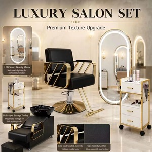 Hot-selling Eco-Friendly Modern Salon <b>Barber</b> Chair <b>Set</b> Iron Metal Furniture LED Mirror Trolley Shampoo Bed Hair Salon Furniture - Product Image 1