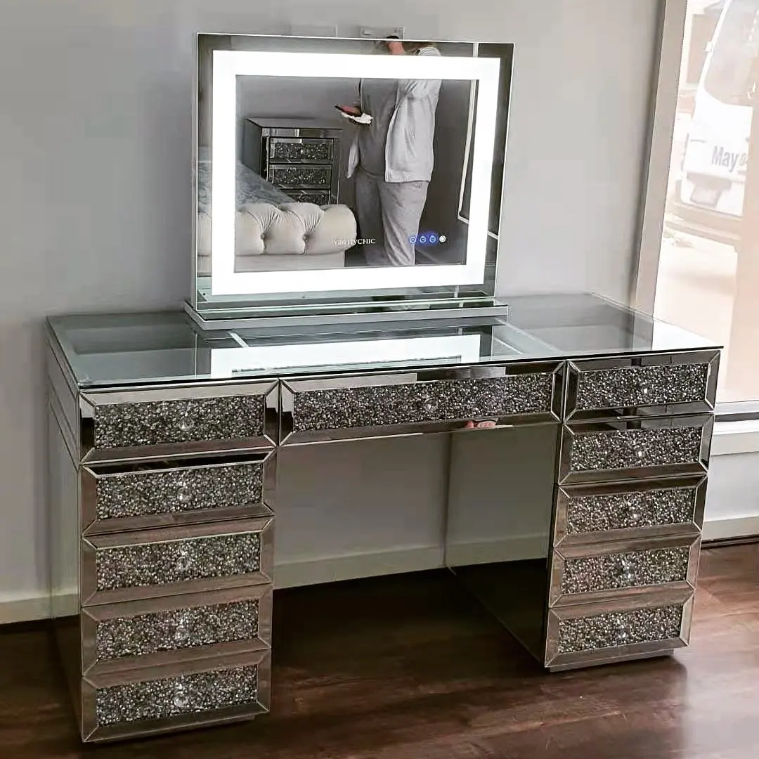 Crushed Diamond Mirrored Vanity Dressing Table Makeup Station With Lights