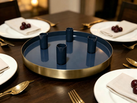Plateau rond en métal pour bougies avec 4 coupelles à bougies, plateau bleu foncé et bord doré, candélabre décoratif pour table