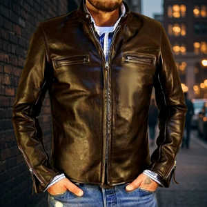 BS International Handcrafted India Unisex Calf Sheep Leather <b>Mandarin</b> <b>Collar</b> Windproof Waterproof Racer <b>Jacket</b> Comfortable - Product Image 1