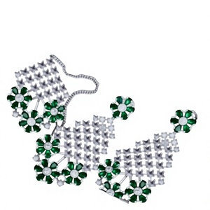 Silver Plated Cubic Zirconia <b>Statement</b> <b>Necklace</b> Set with Green Flower Design for Women Party Wear Jewelry - Product Image 2