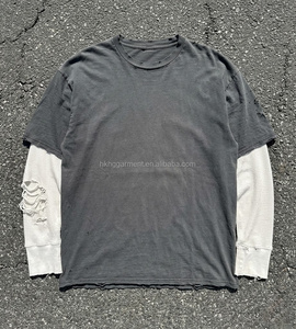 High quality Stone Wash Crew Neck Long <b>shirt</b> 100% Cotton for <b>Men</b> Custom <b>Men's</b> Acid Wash Long <b>shirt</b> Blank Distressed for <b>men</b> - Product Image 3
