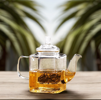 Théière en verre borosilicate transparent épais de 350 ml, résistante à la chaleur, à fond carré, avec infuseur à thé et couvercle en verre soufflé à la main