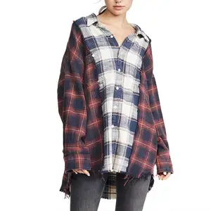 Drop Neck Combo Work shirts ladies flannel plaid long sleeve oversized cotton tunic tops