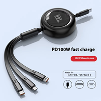 Câble de charge rapide 3-en-1 100W USB-C vers USB-C, câble de données et de charge rétractable plat pour iPhone 17 et Android