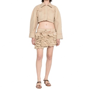 Mini-jupe en jean kaki asymétrique pour femme, à plusieurs niveaux, avec ourlet brut et volants effet usé - Product Image 2