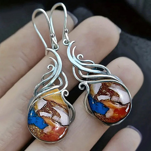 Boucles d'oreilles pendantes en or blanc E4772, agate, verre soufflé, serti de pierres, style bohème, bijoux pour femmes - Product Image 3