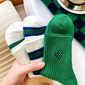 New green striped love checkerboard mid-tube cotton socks net red brand men and women couple embroidery socks