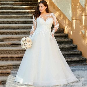V-Neck Plus Size A-Line Wedding Dress White Long Sleeve Lace Trim Fit For Outdoor Church Wedding - Product Image 1