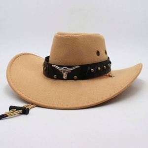 Unisex Retro Western Cowboy Hat European American <b>Style</b> New Bull <b>Head</b> Logo Belt Ethnically Designed Fabric for Outdoor Travel - Product Image 1