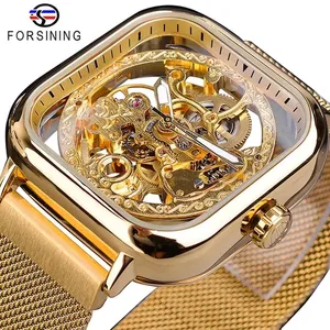 Fashion Forsining Top Men Mechanical Watches Automatic Square Golden Transparent Mesh Steel Wristwatch For Man Male Hot Hours
