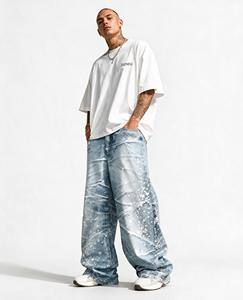DIZNEW Printed Jeans Light Blue Wide Leg Balloon Ice Crack Ripple Gradient White Splash Rhinestone DIZNEW Hem Label Custom OEM - Product Image 2
