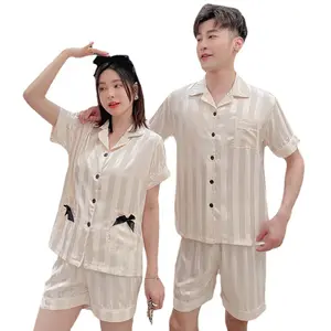 Unisex pajamas summer striped men ice silk short sets pajamas men plus size printed home clothes suit