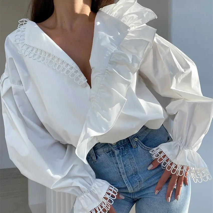 White official long blouse shirt Cotton Embroidery womens tops shirt Ruffles Tops lace shirt blouse