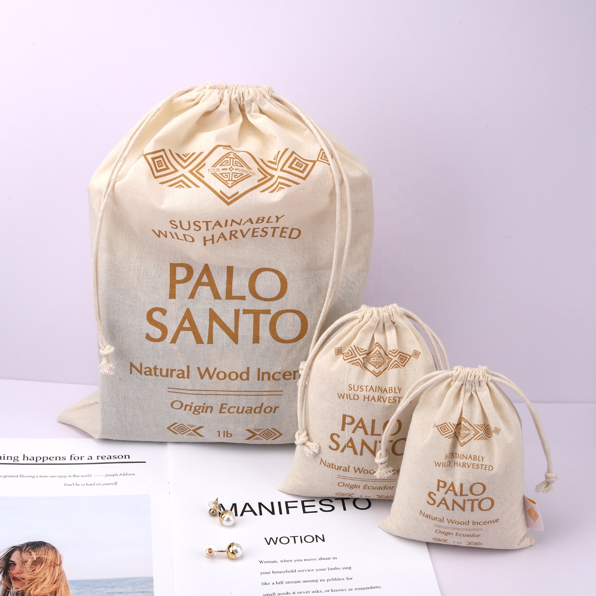 Eco-Friendly Recycled Cotton Drawstring Dust Bag for Gift Packing Custom Organic Calico Cotton Muslin Pouch