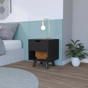 Modern Nightstand 19H Black Drawer <b>Open</b> Shelf Wooden Legs Bedroom <b>Storage</b> - Product Image 1