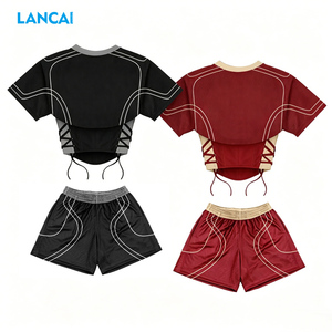 LANCAI Women's 2 Piece Outfit Mesh Corset Crop Top Drawstring Shorts Set Colorblock Lace-Up Streetwear Matching Tracksuit - Product Image 2