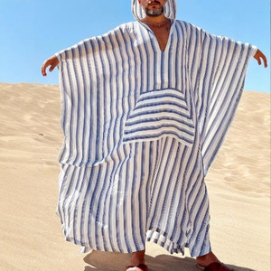 Al por mayor Túnica Saudí para <span class=keywords><strong>Hombre</strong></span> con Capucha Transpirable, Jubba Islámica Musulmana, Caftán Árabe, Vestido Abaya, Trajes con Rayas Azules - Product Image 4