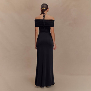 Robe de soirée longue à épaules dénudées, dos nu, taille naturelle, avec empiècements transparents et patchwork - Product Image 4