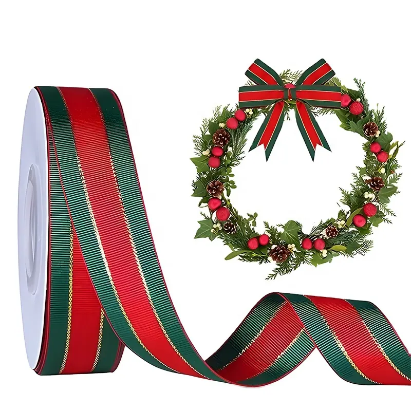 Gordon Ribbons christmas gold edge ribbon 25 mm red and green stripe holiday decoration bow for christmas tree crafting ribbon