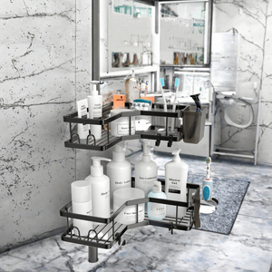 ODM Bathroom 40CM Double Tier Steel Corner Shower Shelf <b>Self</b> <b>Adhesive</b> Wall Mounted Organizer Without Drilling Black Storage Rack - Product Image 2