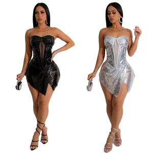 Femme polyester sexy sans manches brillant sequin argent métallique clubwear été 2024 fête luxe soirée mini robe pour les femmes