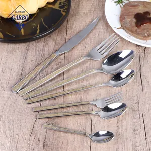 Factory supply stainless steel 410 hammer pattern cutlery set gold handle silverware flatware table knife fork spoon tea spoon