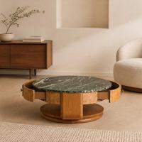 Table basse ronde en marbre vert, corps en bois de burl avec tiroirs, bouton doré, mobilier de salon de luxe de style moderne du milieu du siècle