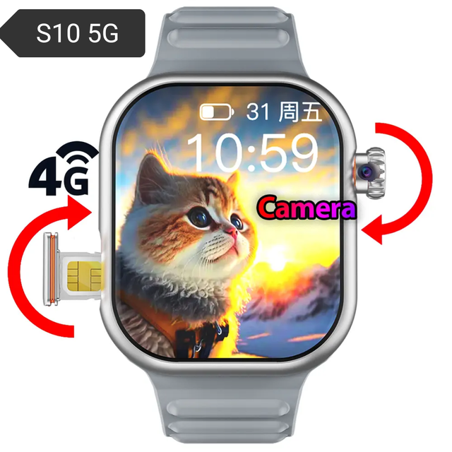 S10 Smart Watch 4G Cellular Android System Square AMOLED Touch Screen Wireless Charging 1.99" Activity Tracker for Google