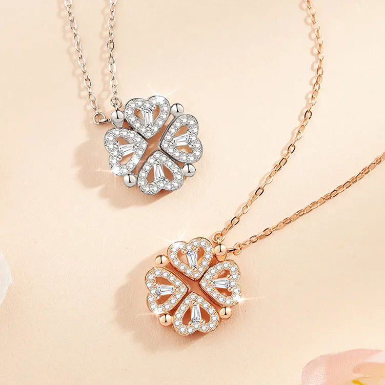 Women Jewelry Cz Diamond Folding Magnetic 4 Four Heart Leaf Clover Pendant 18k Gold Stainless Titanium Steel Necklace