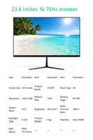 Nouvel écran de jeu PC LED VA FHD 23,8 pouces 75Hz 1080P avec ports VGA - Noir en stock